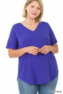 ZENANA Short Sleeve V Neck Round Hem Top (Plus Size) Fresh From LA