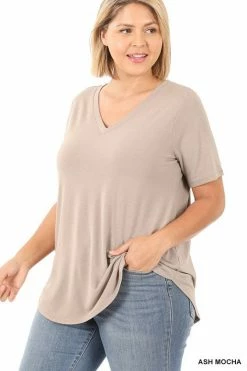 ZENANA Short Sleeve V Neck Round Hem Top (Plus Size) Fresh From LA
