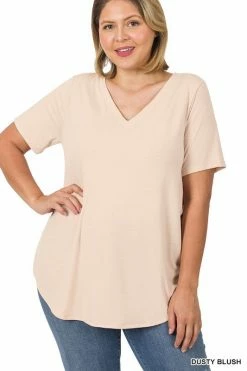 ZENANA Short Sleeve V Neck Round Hem Top (Plus Size) Fresh From LA