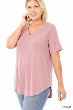 ZENANA Short Sleeve V Neck Round Hem Top (Plus Size) Fresh From LA