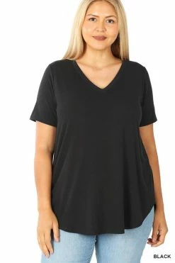 ZENANA Short Sleeve V Neck Round Hem Top (Plus Size) Fresh From LA