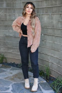 POL Stare Down Corduroy Raw Hem Shacket - Taupe Outerwear