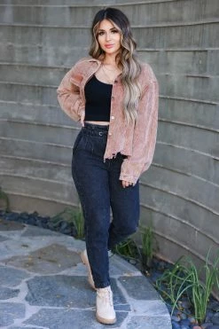 POL Stare Down Corduroy Raw Hem Shacket - Taupe Outerwear