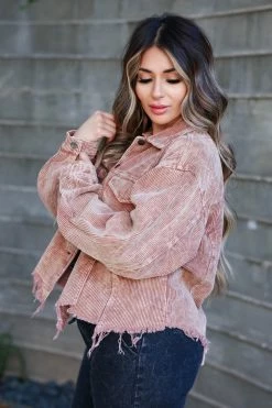 POL Stare Down Corduroy Raw Hem Shacket - Taupe Outerwear