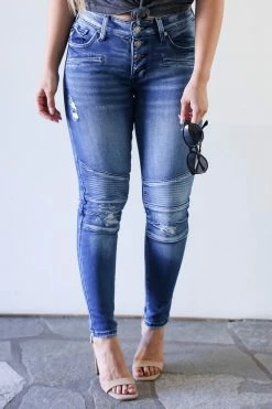 KAN CAN Harper Mid Rise Moto Skinny Jeans - Medium Wash Bottoms