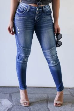 KAN CAN Harper Mid Rise Moto Skinny Jeans - Medium Wash Bottoms