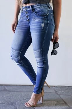 KAN CAN Harper Mid Rise Moto Skinny Jeans - Medium Wash Bottoms