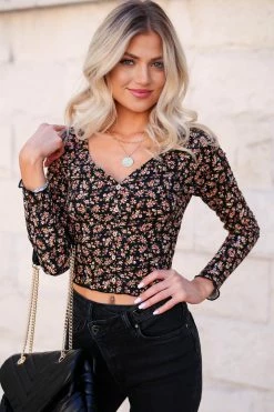 FL-01 CBRAND Happiness Blooms Cropped Floral Top - Black