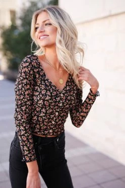 FL-01 CBRAND Happiness Blooms Cropped Floral Top - Black
