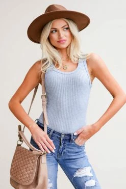 FL-01 CBRAND Out And About Ribbed Bodysuit - Blue Tops