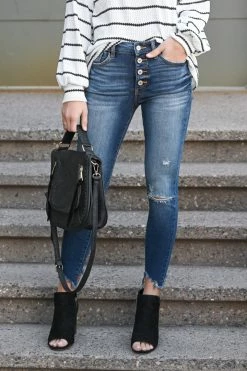 KAN CAN Exposed Button Raw Hem Jeans - Sabrina Wash Bottoms