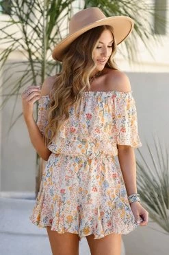 SugarLips Wallflower Off The Shoulder Romper - Coral Rompers + Jumpsuits