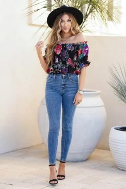 Andree Love Blooms Smocked Crop Top - Black