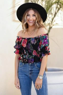 Andree Love Blooms Smocked Crop Top - Black