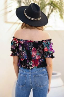 Andree Love Blooms Smocked Crop Top - Black