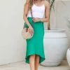 Skies Are Blue Bottoms Emerald Skies Satin Midi Skirt - Emerald