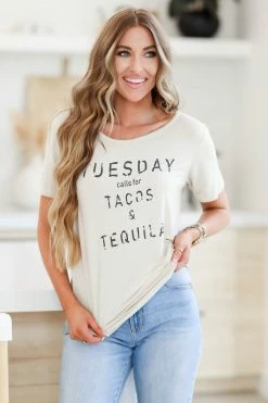 POL "Tacos & Tequila" Graphic Top - Almond