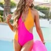 DD-1 New Arrivals On The Glow Color Block Swimsuit - Hot Pink