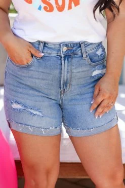 ZN Raya Distressed Cuffed Denim Shorts - Light Wash Bottoms
