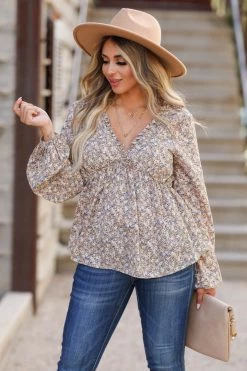 Newbury Kustom Small Wildflower Long Sleeve Top - Camel