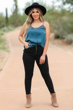 MYSTREE Light Of My Life Lace Trim Cami - Teal