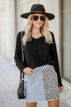 Entro True Colors Leopard Print Denim Skirt - Light Wash