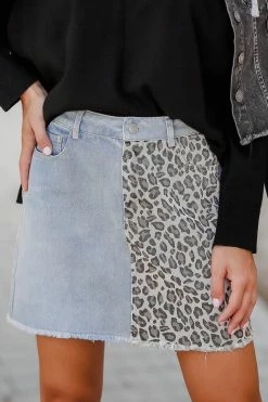 Entro True Colors Leopard Print Denim Skirt - Light Wash