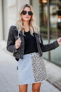 Entro True Colors Leopard Print Denim Skirt - Light Wash