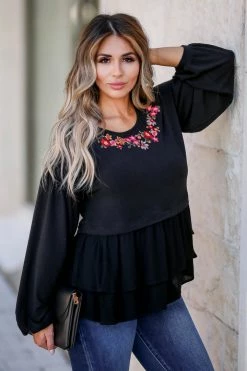 Andree Small Garden Queen Embroidered Babydoll Top - Black