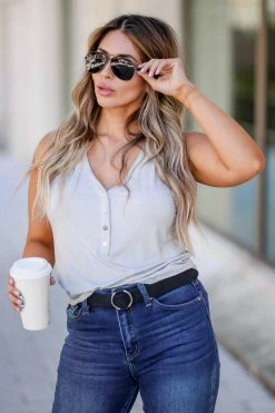 POL Catch You Later Henley Tank - Grey Small