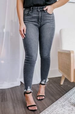 KAN CAN Simone Distressed Hem Skinny Jeans - Grey Bottoms