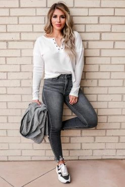 KAN CAN Simone Distressed Hem Skinny Jeans - Grey Bottoms