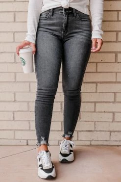 KAN CAN Simone Distressed Hem Skinny Jeans - Grey Bottoms