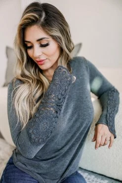 FL-01 CBRAND What You Wanted Crochet Sleeve Top - Charcoal Small