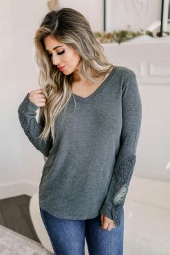 FL-01 CBRAND What You Wanted Crochet Sleeve Top - Charcoal Small