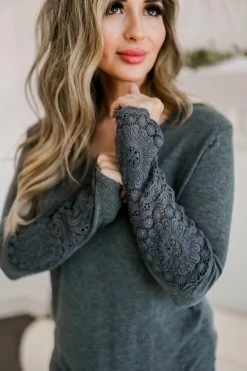 FL-01 CBRAND What You Wanted Crochet Sleeve Top - Charcoal Small