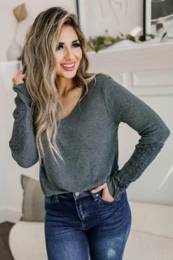 FL-01 CBRAND What You Wanted Crochet Sleeve Top - Charcoal Small