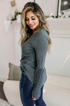 FL-01 CBRAND What You Wanted Crochet Sleeve Top - Charcoal Small