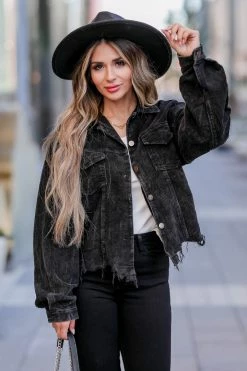 POL Stare Down Corduroy Raw Hem Shacket - Black