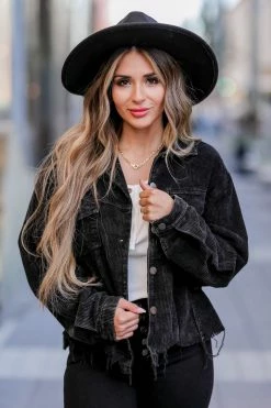 POL Stare Down Corduroy Raw Hem Shacket - Black