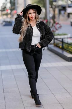 POL Stare Down Corduroy Raw Hem Shacket - Black