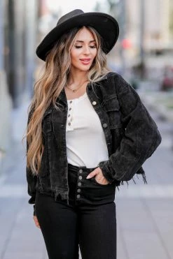 POL Stare Down Corduroy Raw Hem Shacket - Black