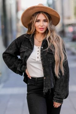 POL Stare Down Corduroy Raw Hem Shacket - Black