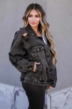 Mono B After The Storm Distressed Denim Jacket - Vintage Black Outerwear