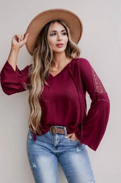 NK-01 Small CBRAND Newport Crochet Sleeve Top - Wine