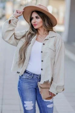 POL Stare Down Corduroy Raw Hem Shacket - Cream