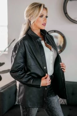 KAN CAN Speaking Fluently Vegan Leather Shacket - Black