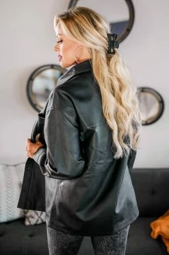 KAN CAN Speaking Fluently Vegan Leather Shacket - Black