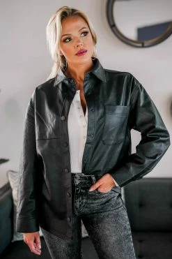 KAN CAN Speaking Fluently Vegan Leather Shacket - Black