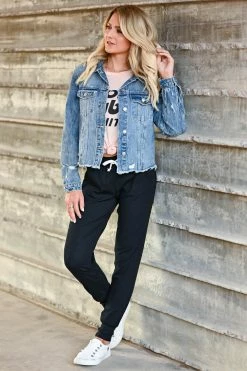 VERVET Cara Raw Hem Distressed Denim Jacket - Medium Wash Outerwear